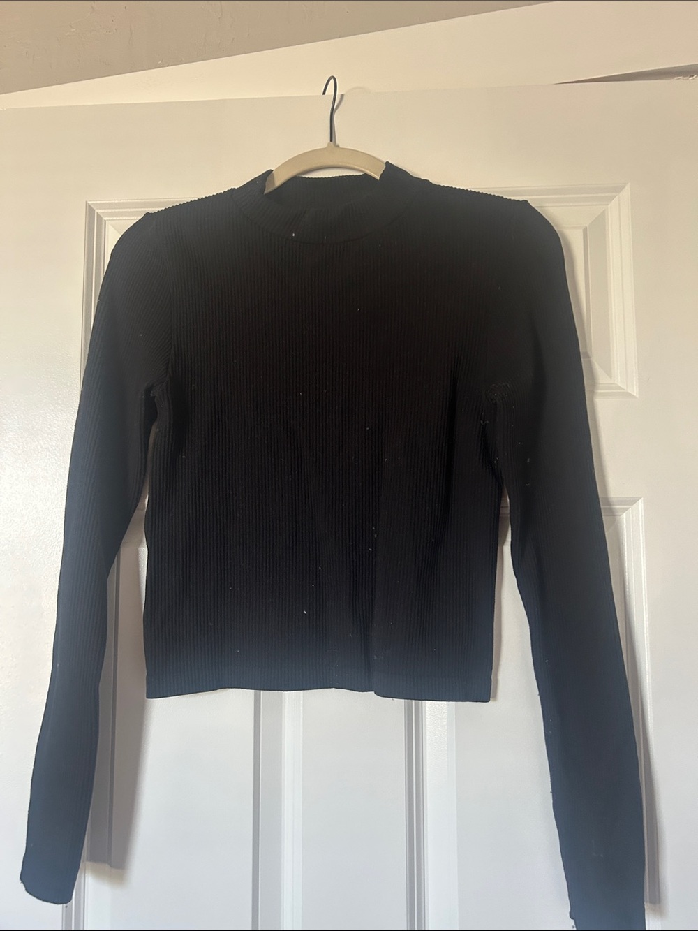 Pink Rose Black Ribbed Long-Sleeve Slim Top